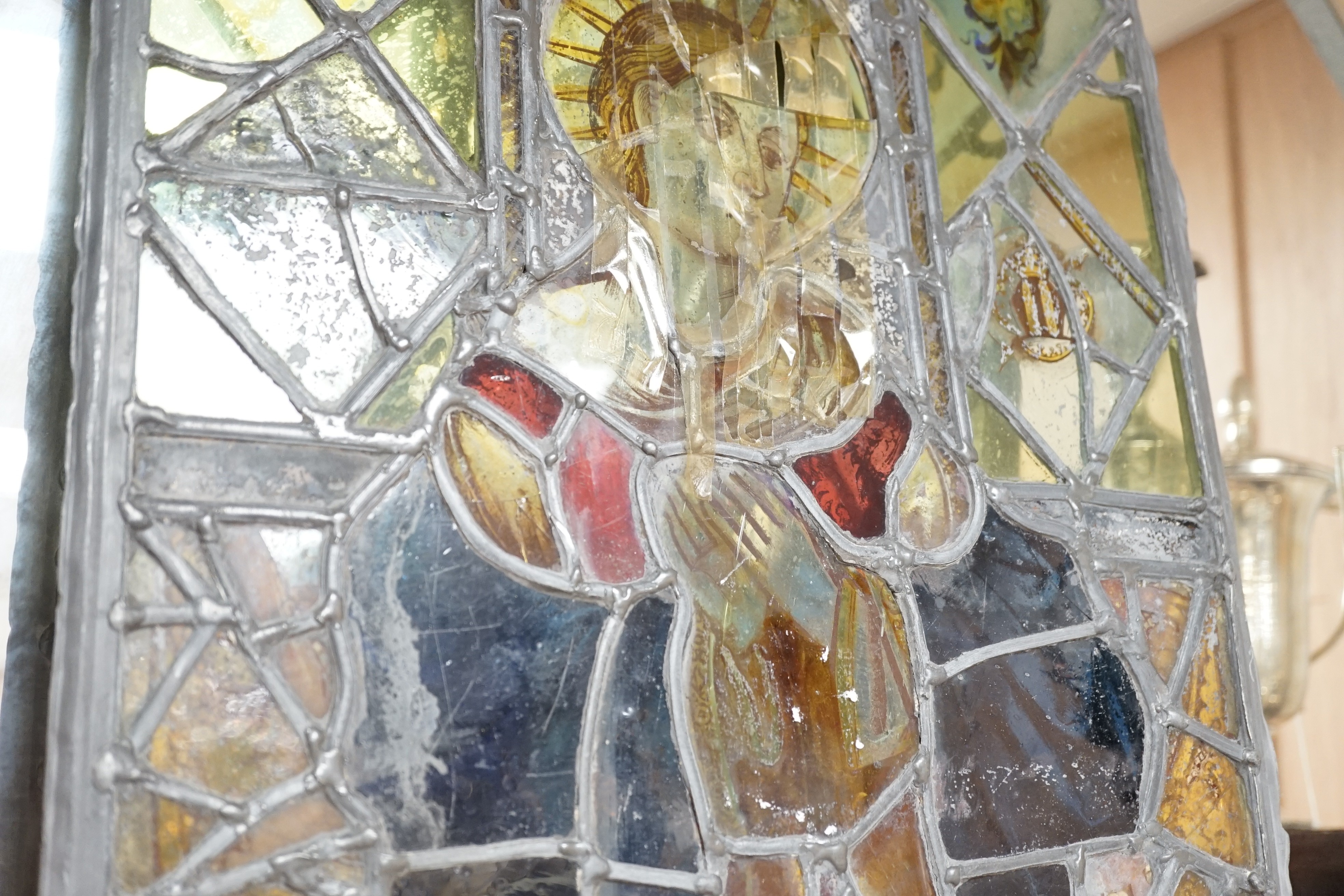A late 18th century stained glass leaded window, 39cms wide x 49cms high